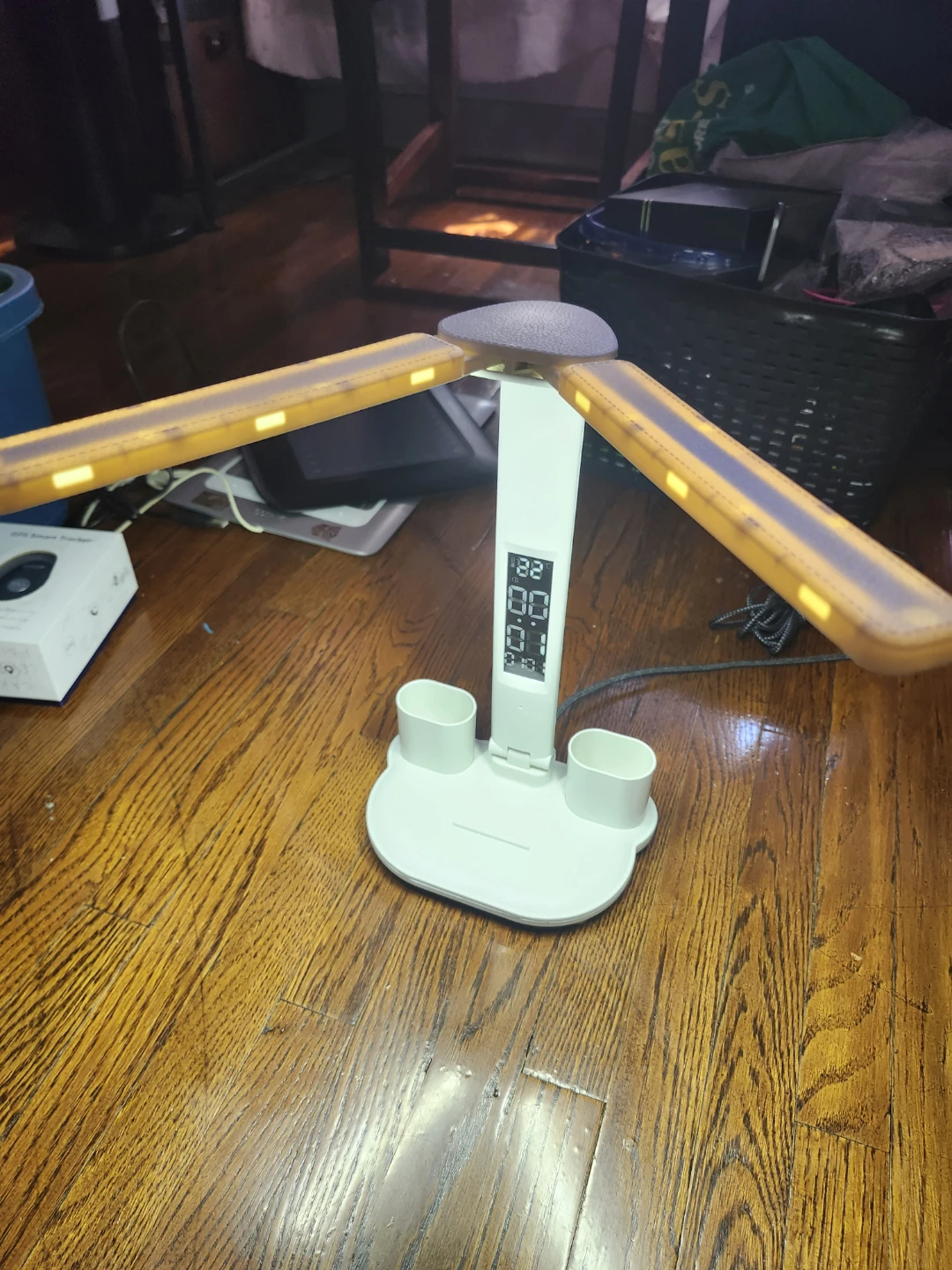 White LED Desk Lamp with Clock and Pen Holders