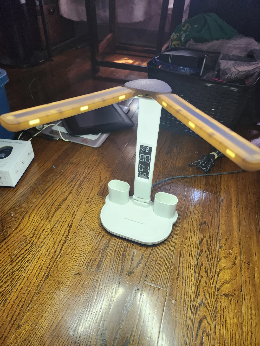White LED Desk Lamp with Clock and Pen Holders - photo 2