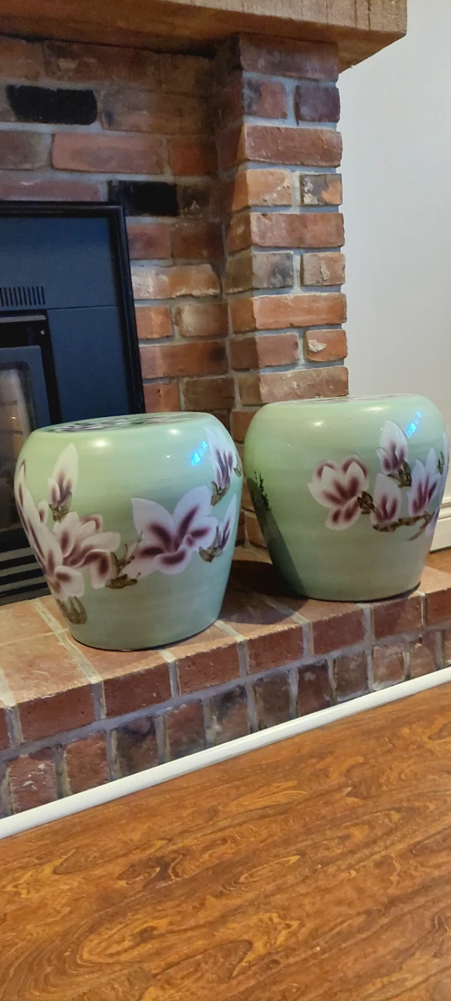 Pair of Green Ceramic Planters with Magnolia Design