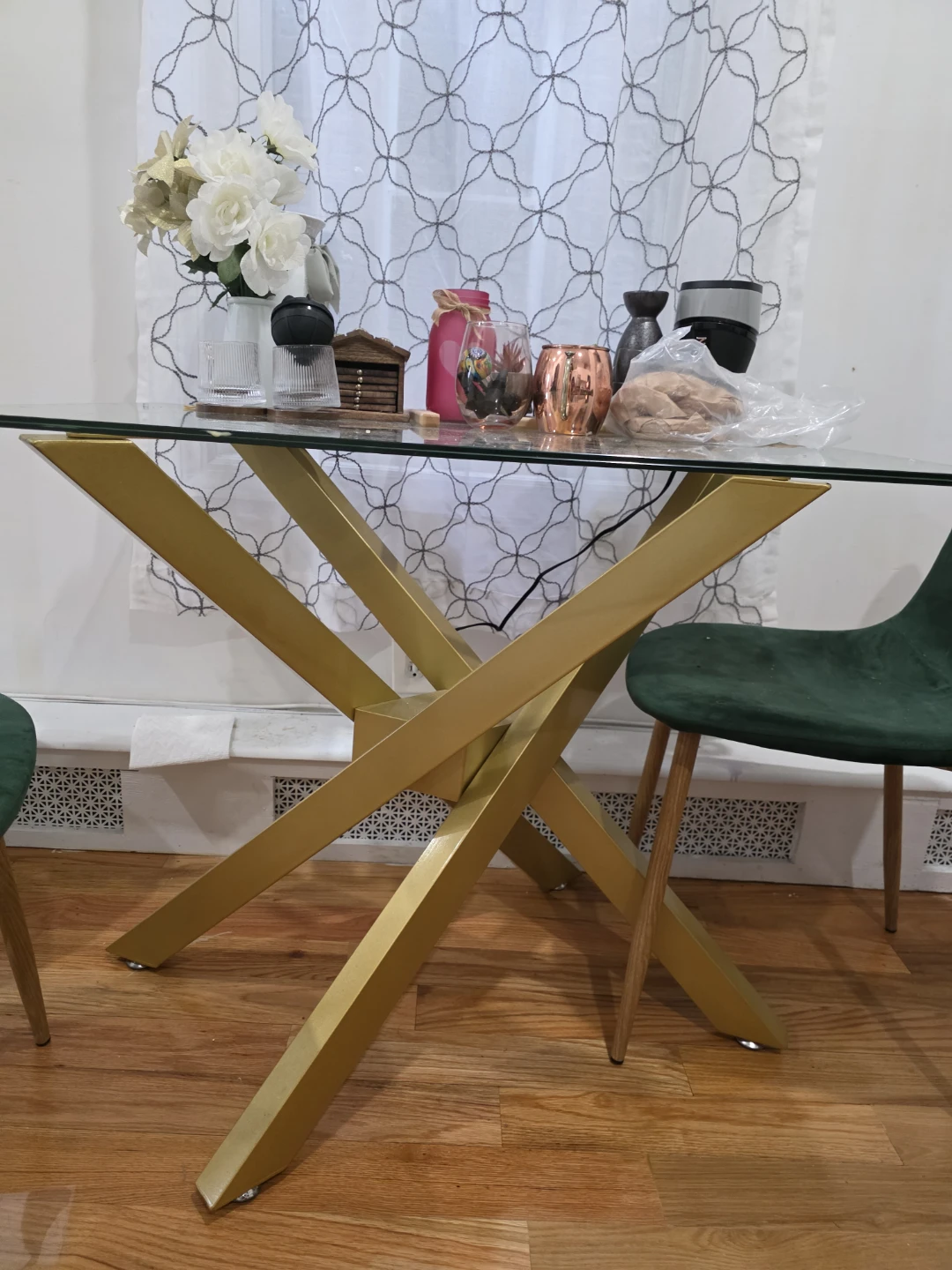 Glass Top Dining Table with 2 Green Velvet Chairs