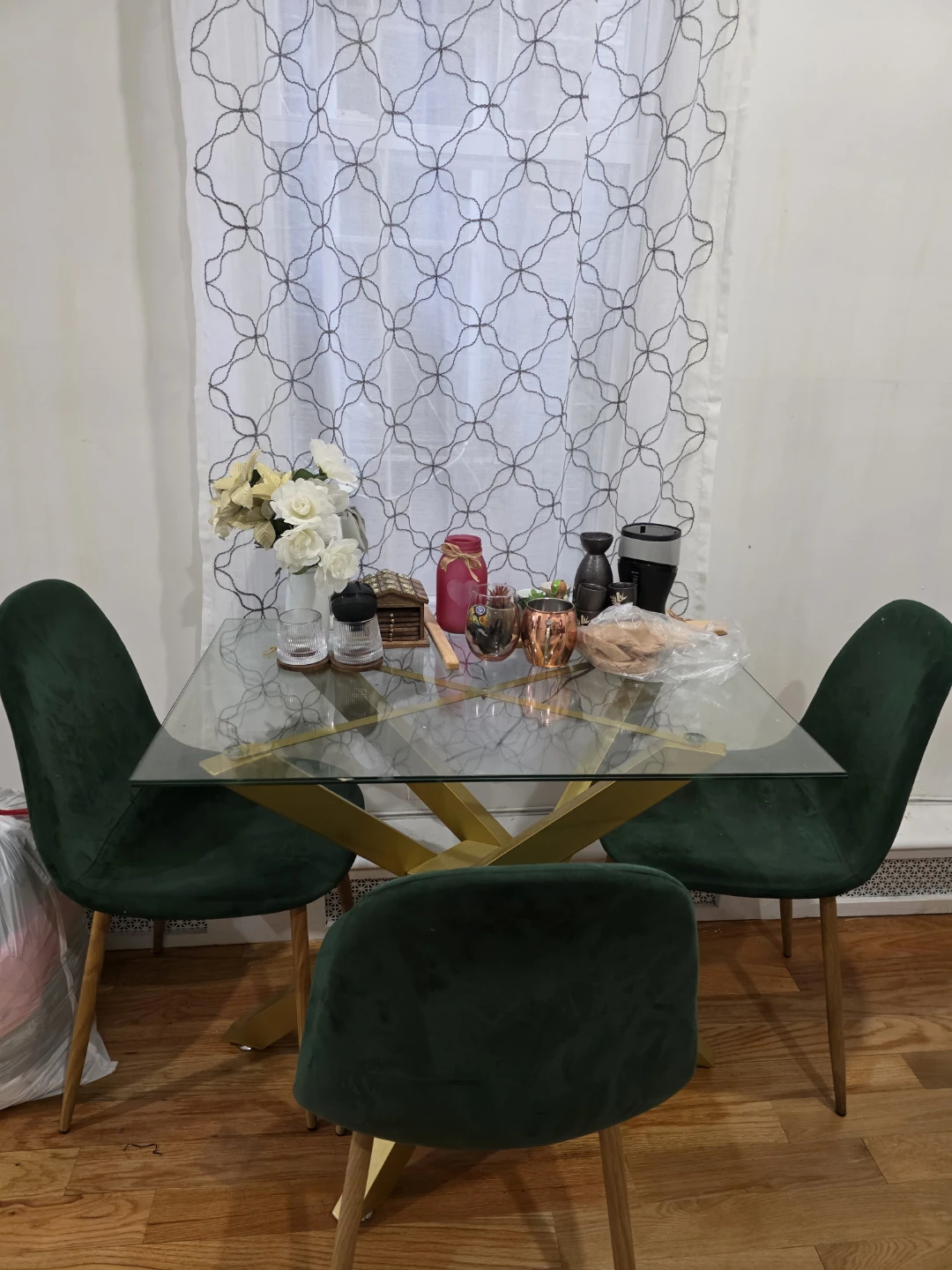 Glass Top Dining Table with 2 Green Velvet Chairs - photo 5