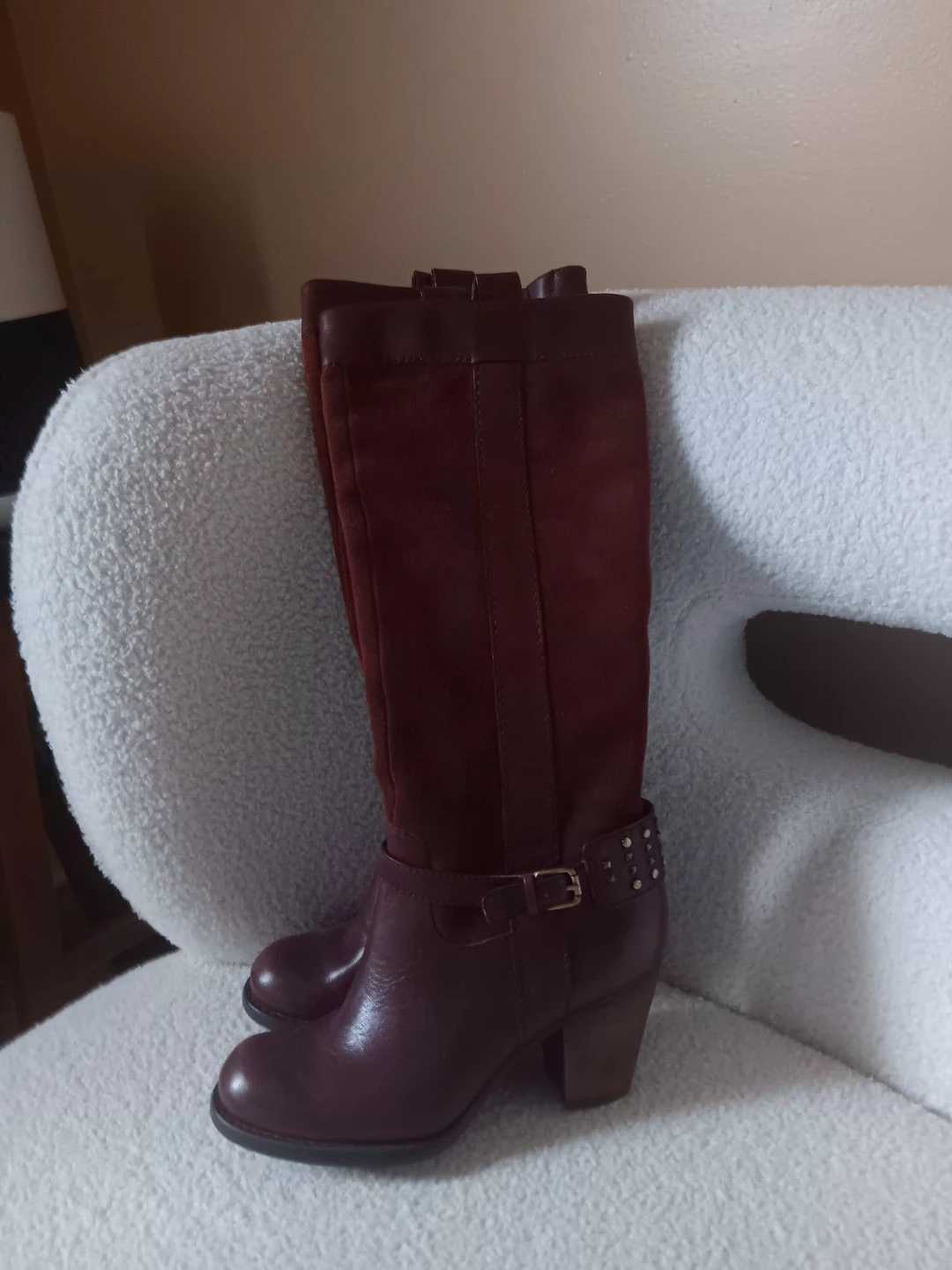 Women's Burgundy Leather and Suede Knee-High Boots