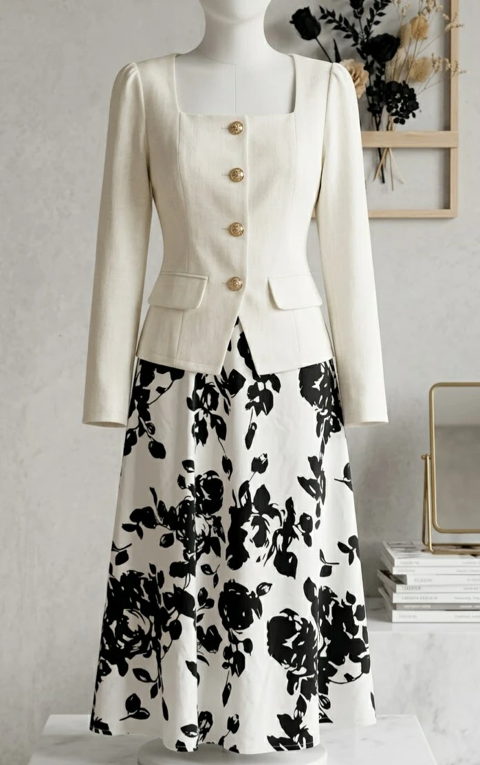 Cream Square Neck Jacket and midi Floral Skirt Set