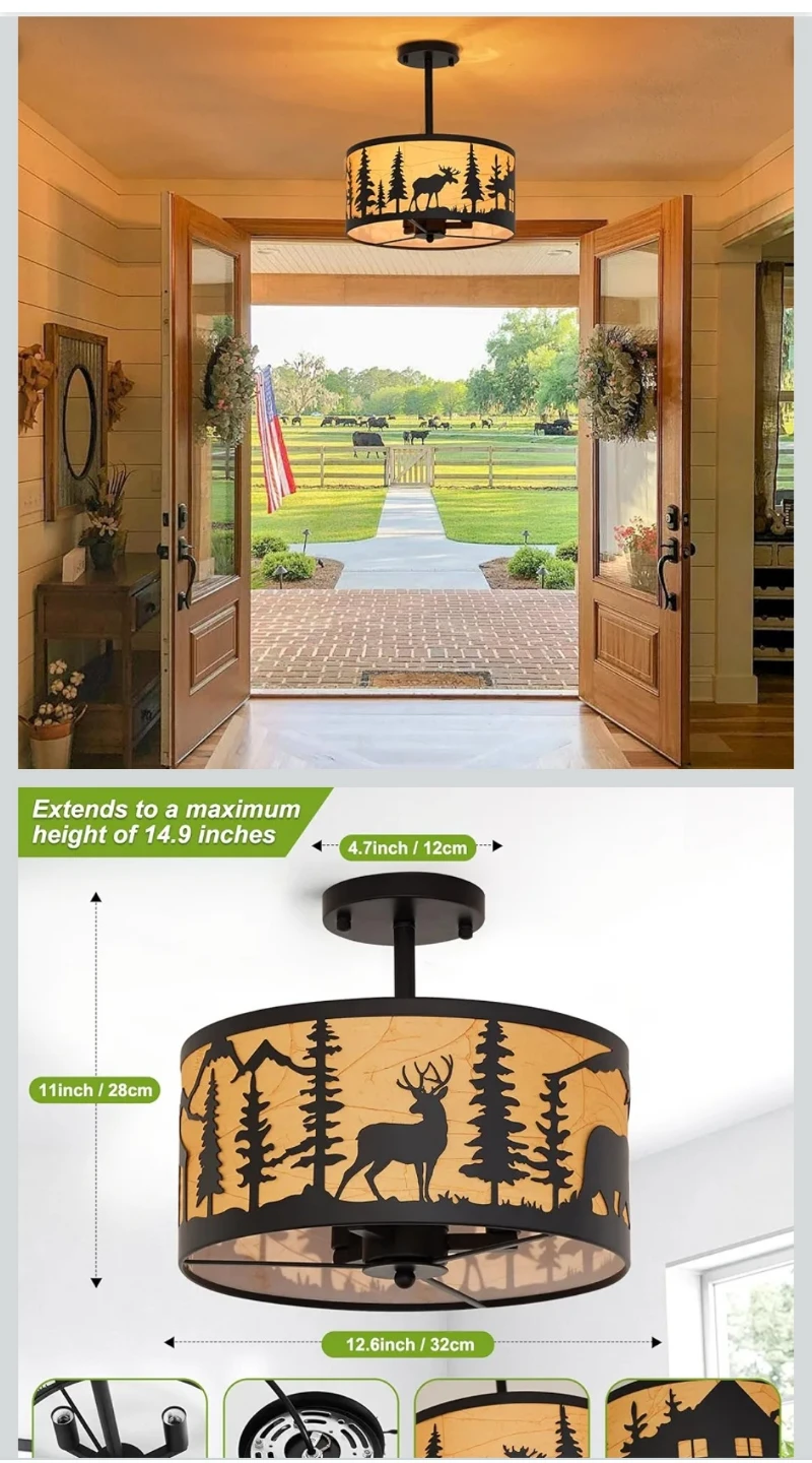 Monaxon Rustic 3-Light Semi-Flush Mount Ceiling Light Fixture - photo 3