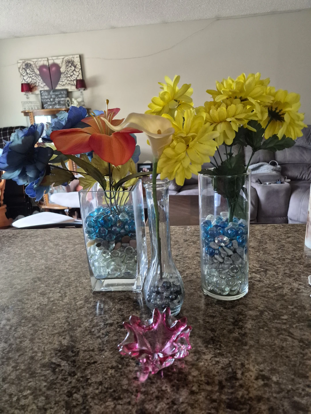 Glass Vase with Decorative Stones and Artificial Flowers