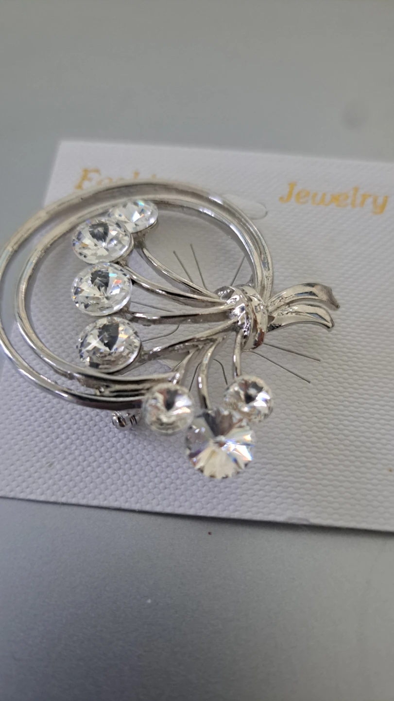 Silver tone brooch with clear rhinestones - photo 2