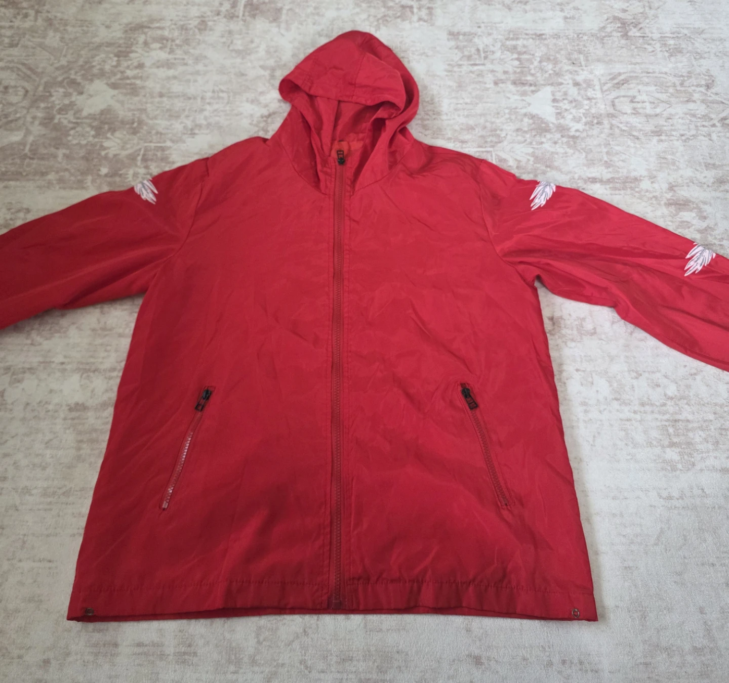 Red Feather Print Hooded Windbreaker Jacket