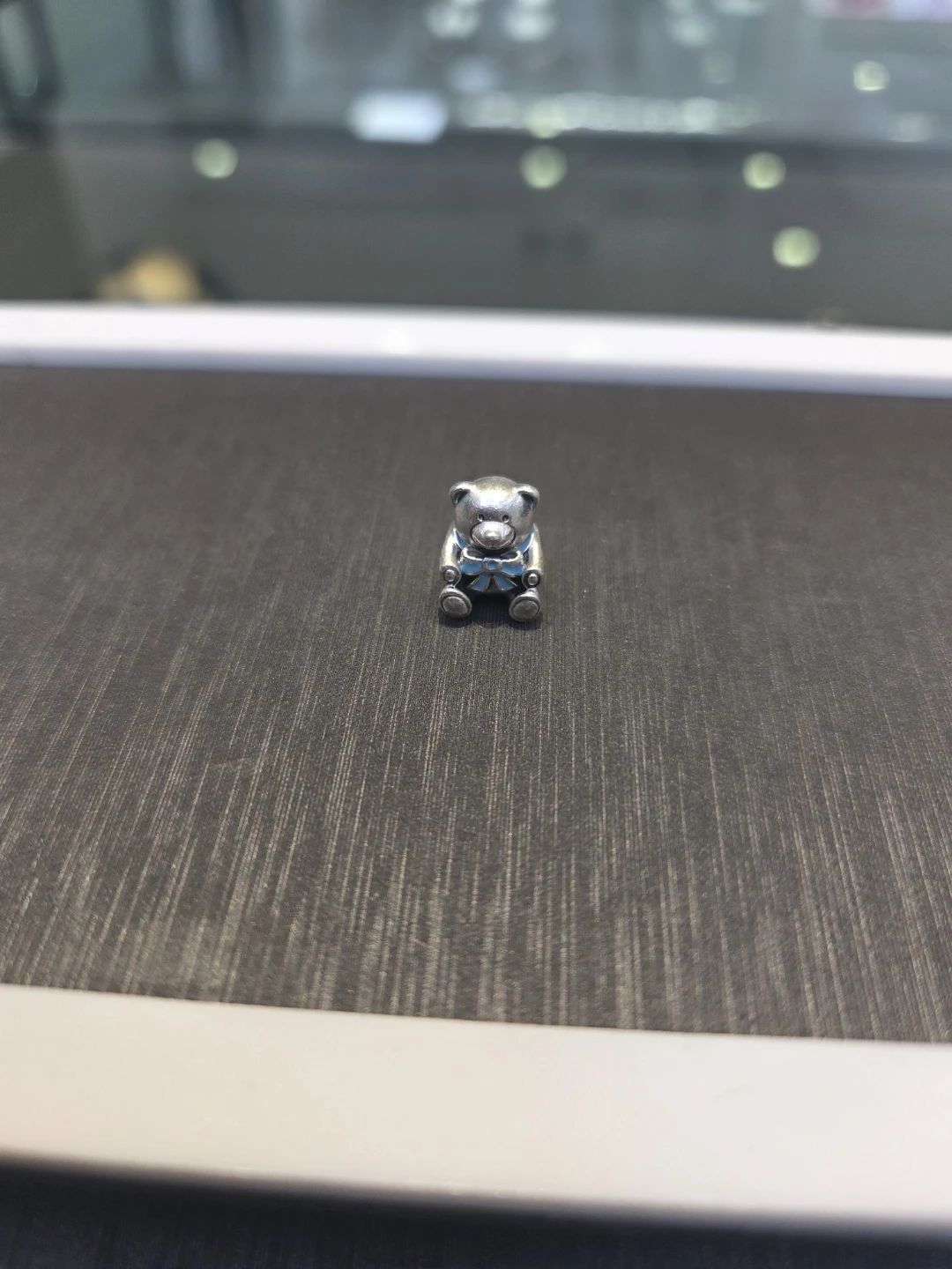 Sterling Silver Teddy Bear Charm with Blue Bow