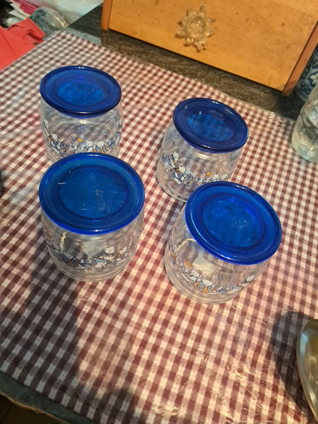 Set of 4 Bear-Themed Glass Jars with Blue Lids
