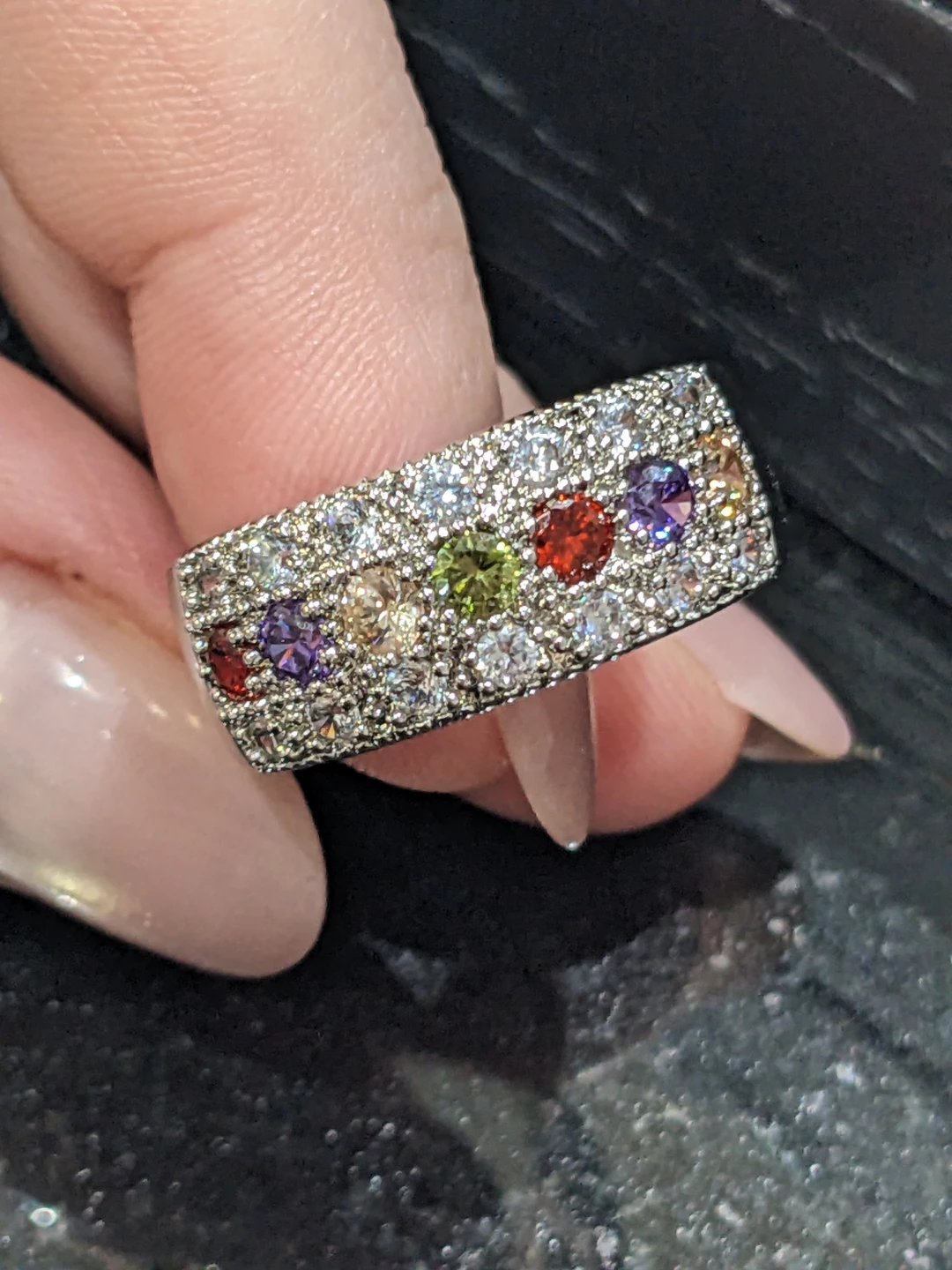 Size 8 Sterling Silver Band Ring with Multi-Colored CZ Stones - photo 2