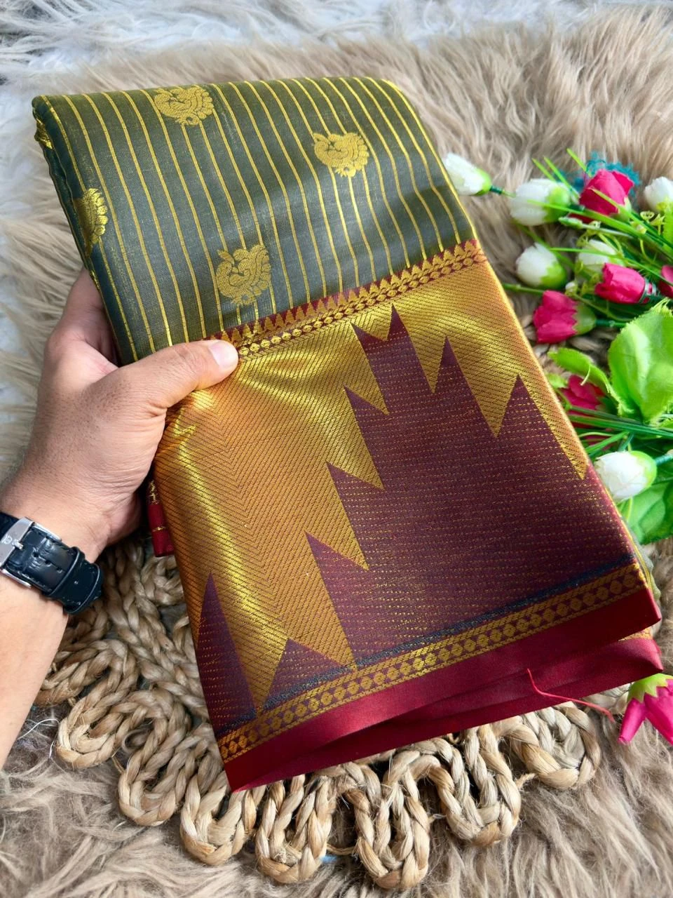 Green and Gold Striped Saree🌱