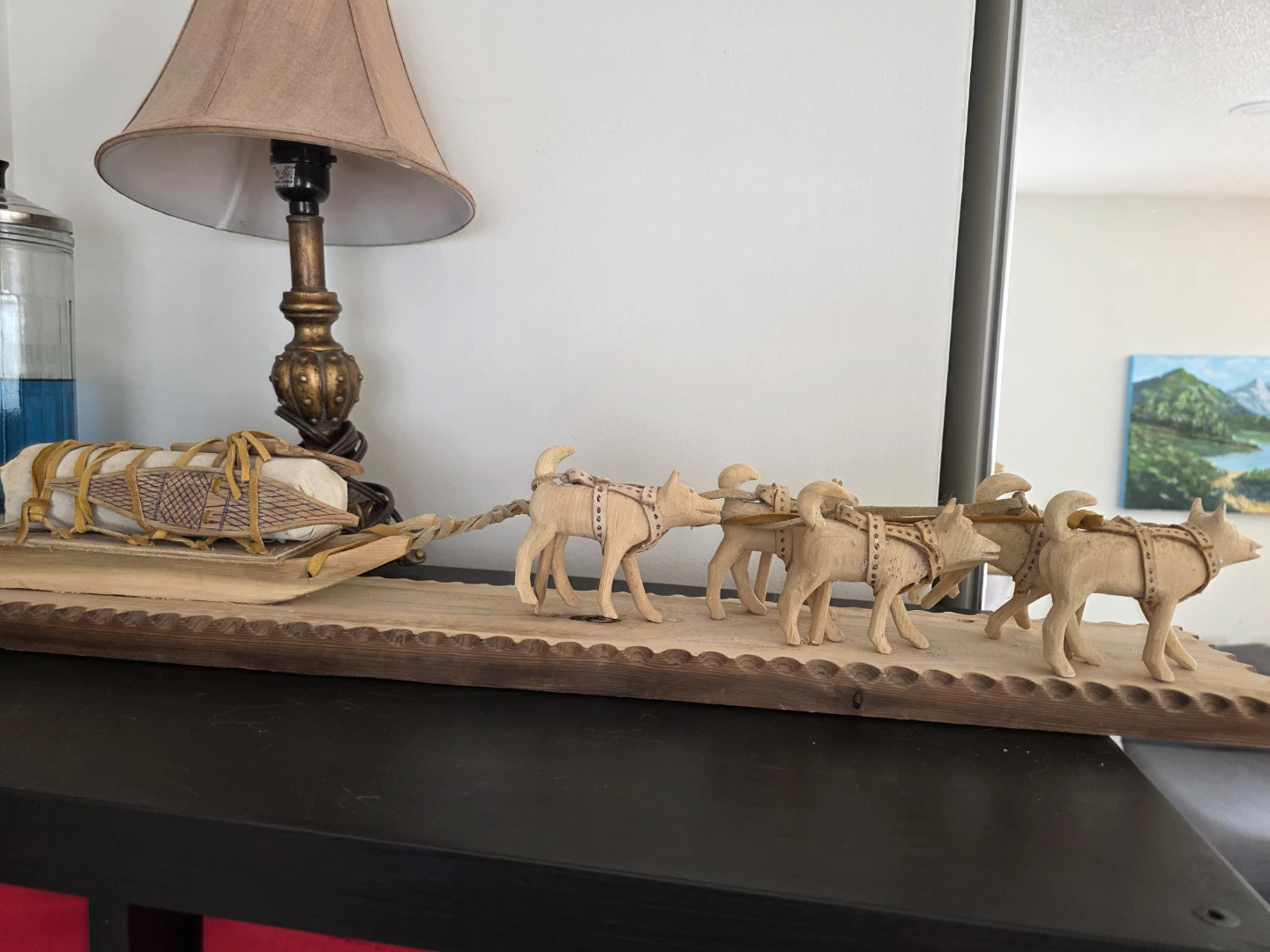 Hand Carved Wooden Dog Sled with Huskies - photo 2