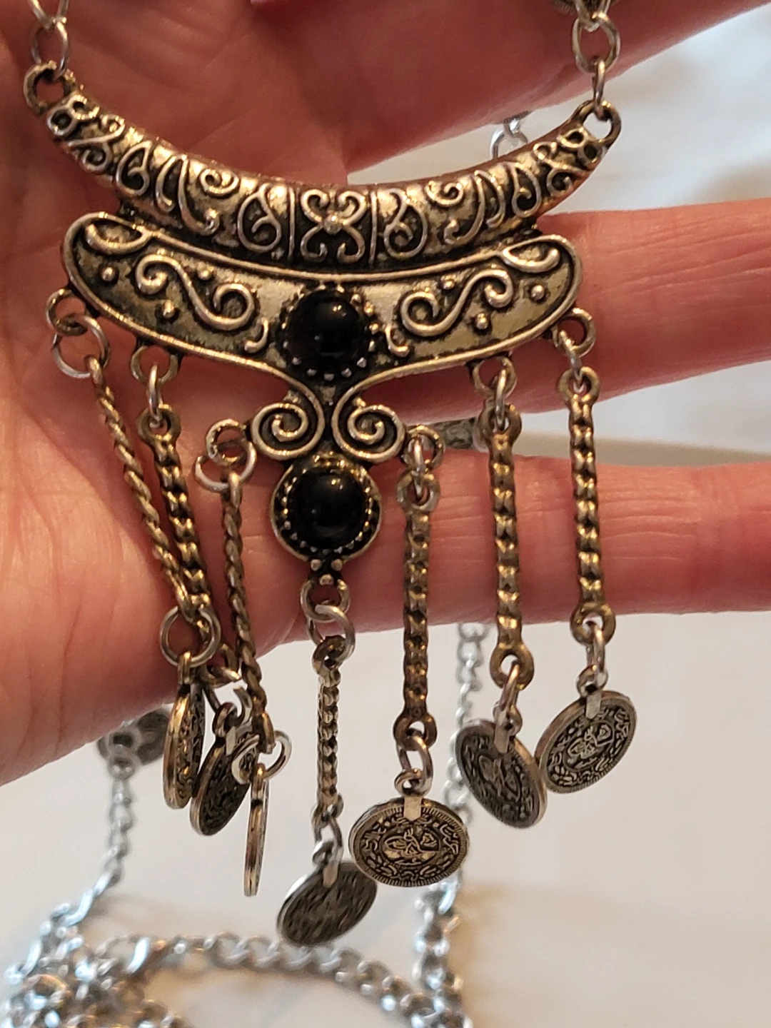 Vintage Necklace with coin charms and black stones