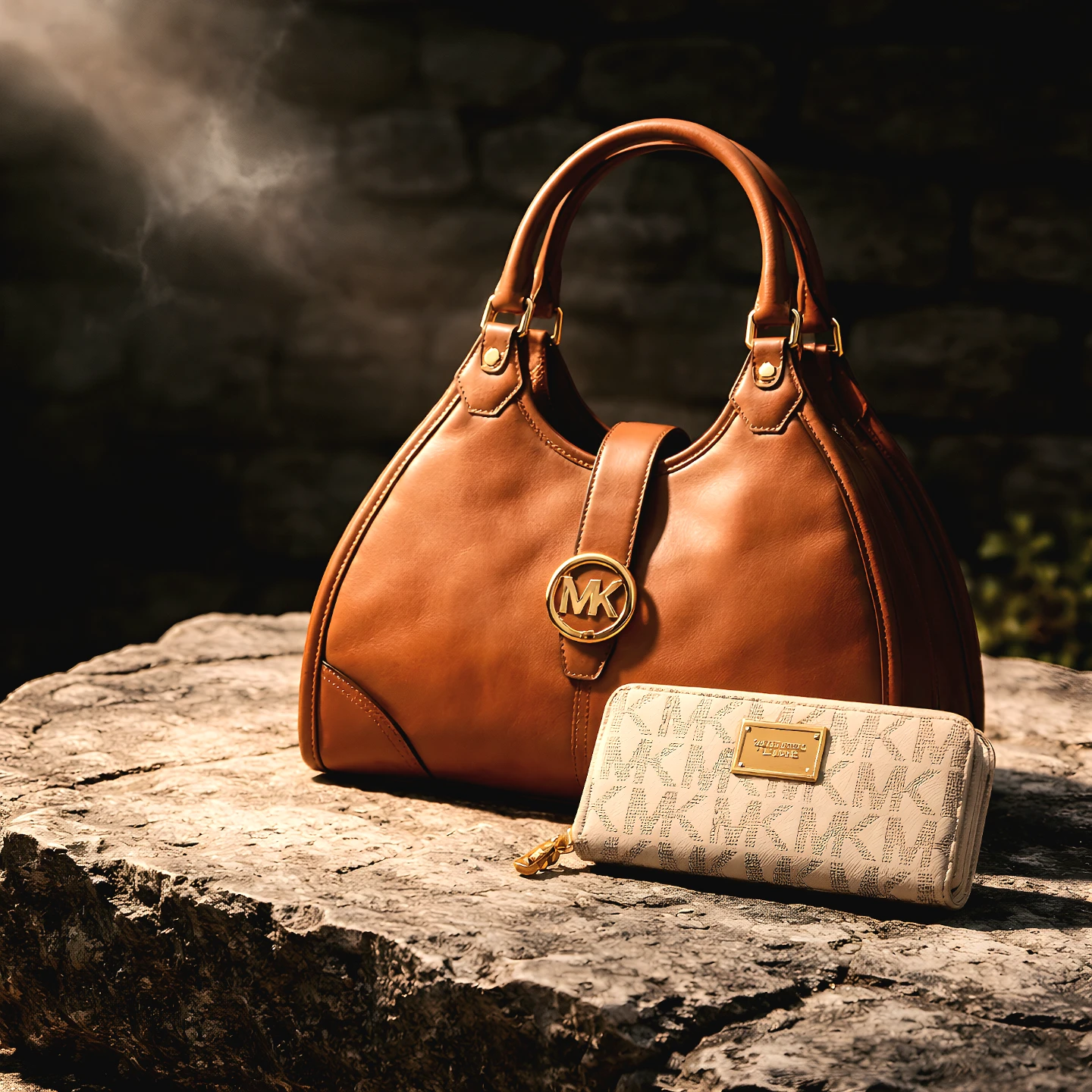 Michael Kors Brown Leather Handbag and MK Logo Wallet Set