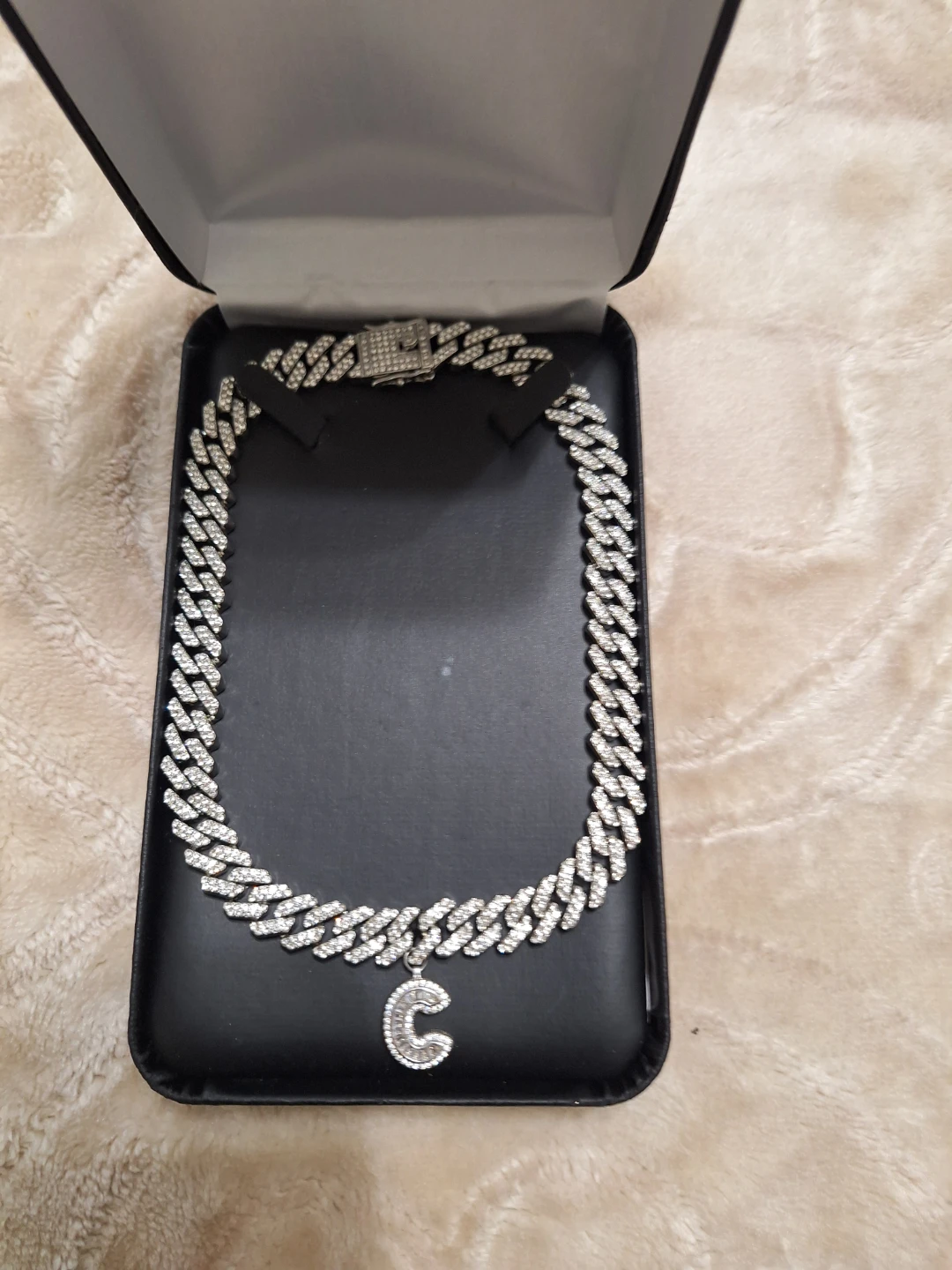 Rhinestone Cuban Link Chain Necklace with 'C' Pendant - photo 2