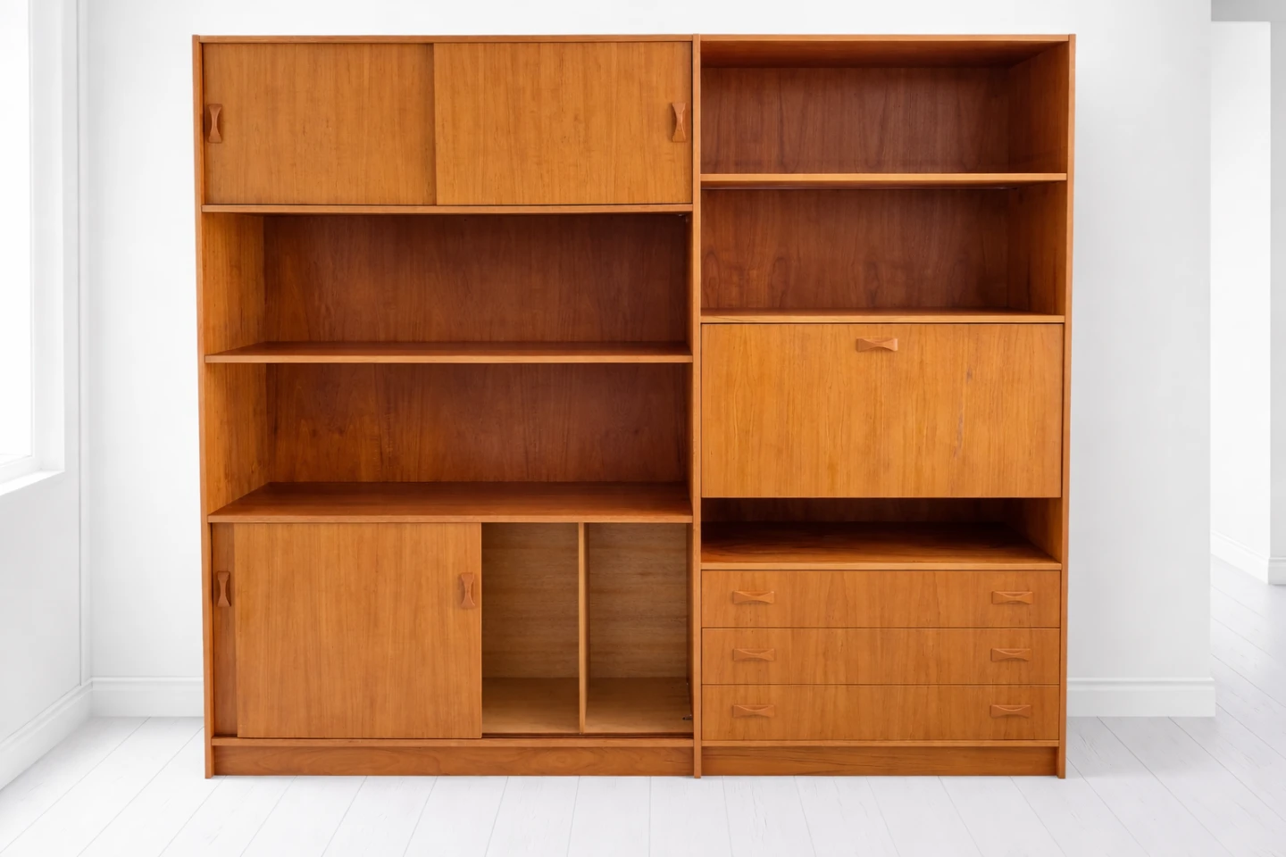 Mid-Century Teak Bookshelf with Drawers and Sliding Doors