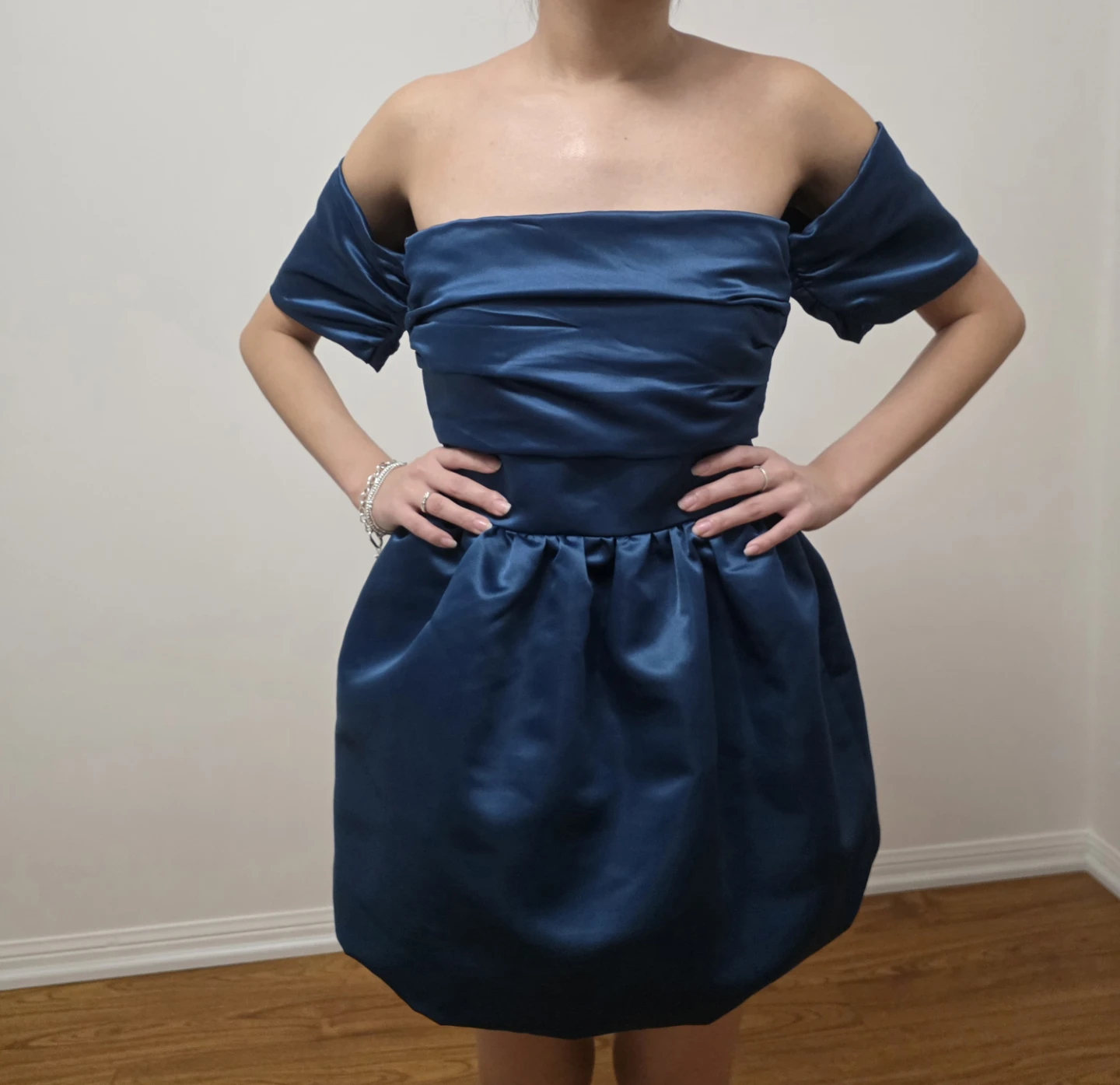 Blue Off-the-Shoulder Bubble Hem Dress