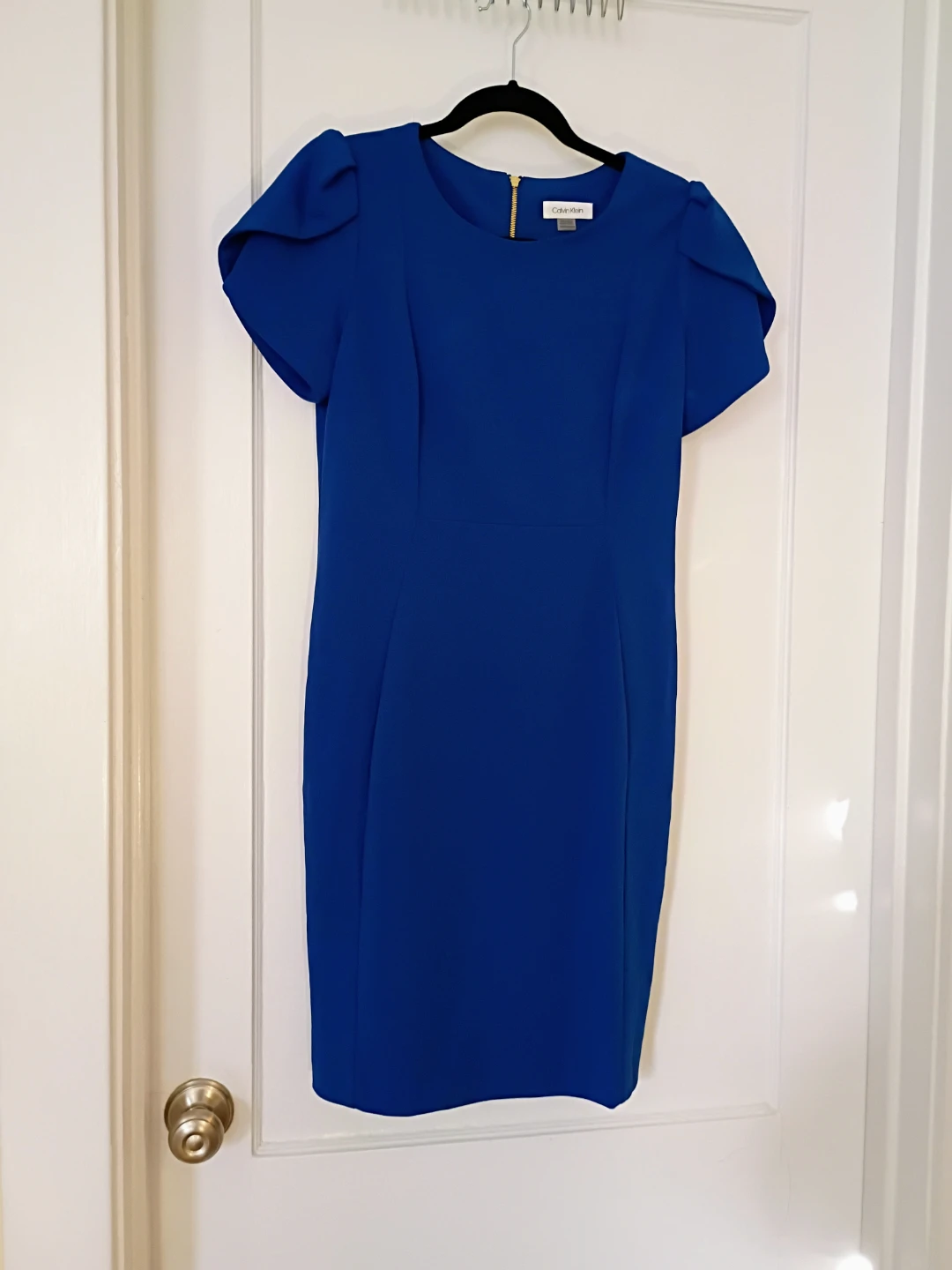 Calvin Klein Blue Sheath Dress with Gold Zipper - Size 12P