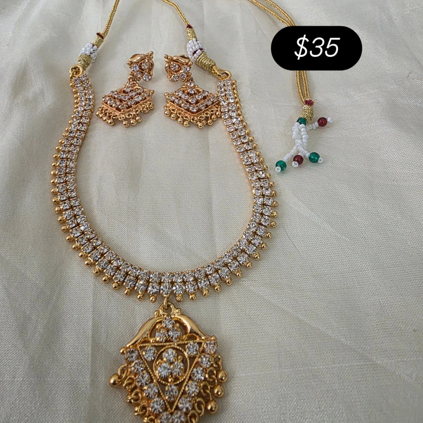 Gold Tone Necklace and Earring Set with Rhinestones