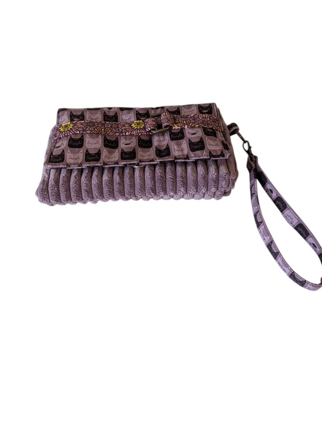 Purple Corduroy Cat Print Clutch Wristlet Bag