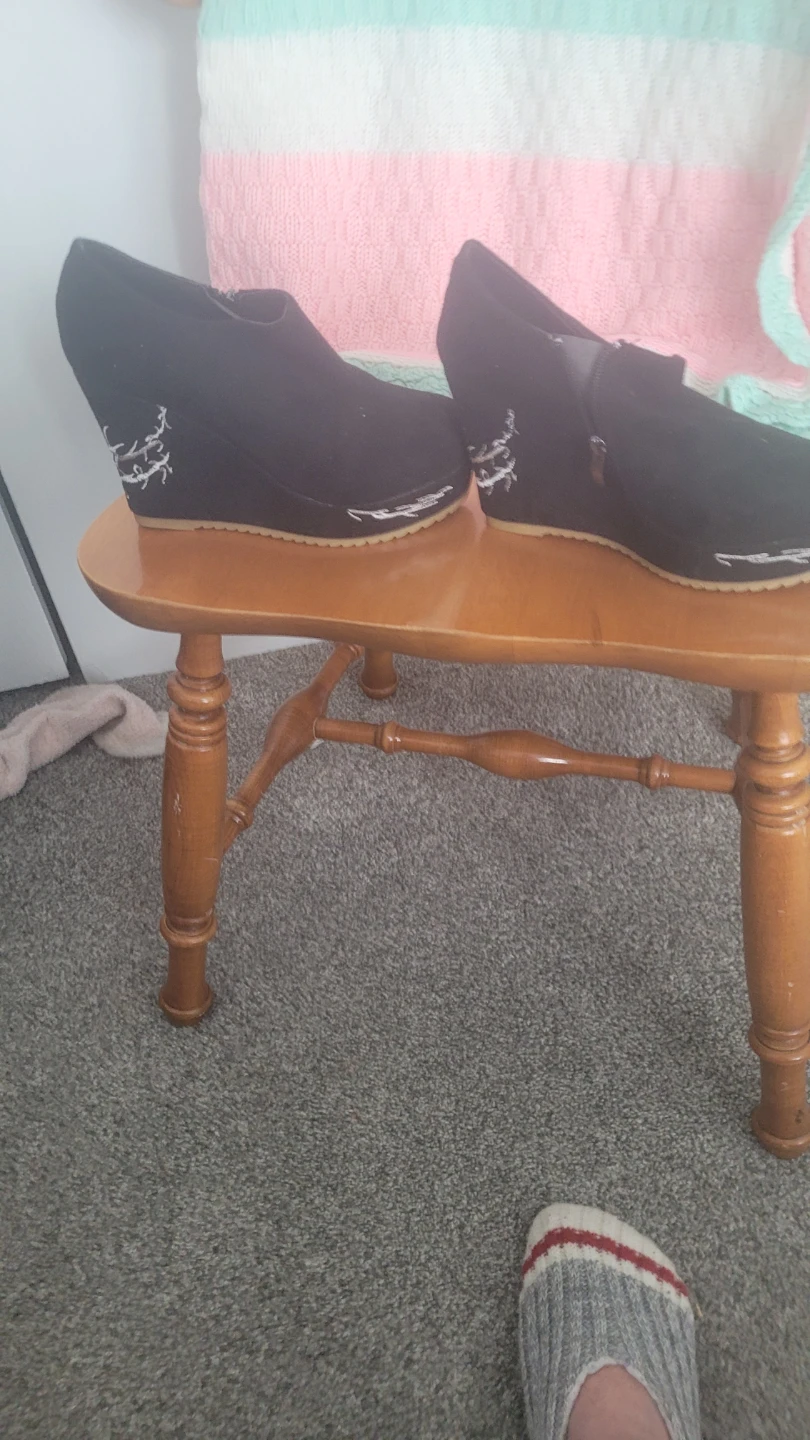 Black Wedge Ankle Boots with White Embroidery - photo 3