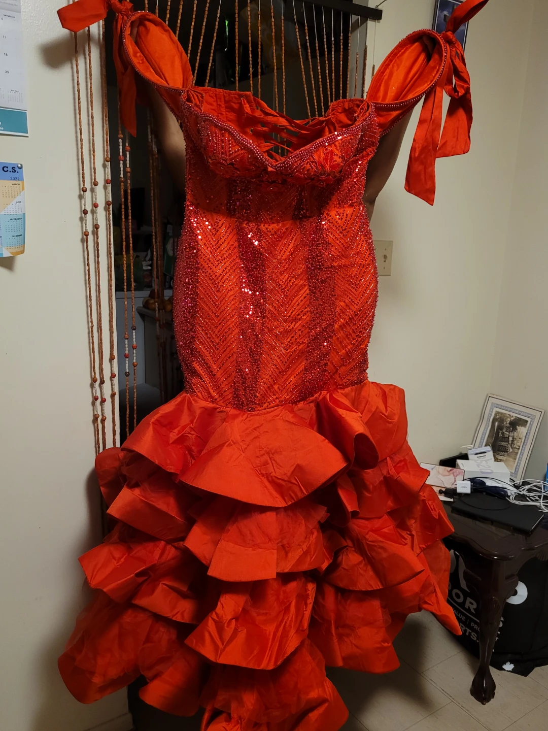 Red Off-the-Shoulder Beaded Ruffle Gown - photo 3