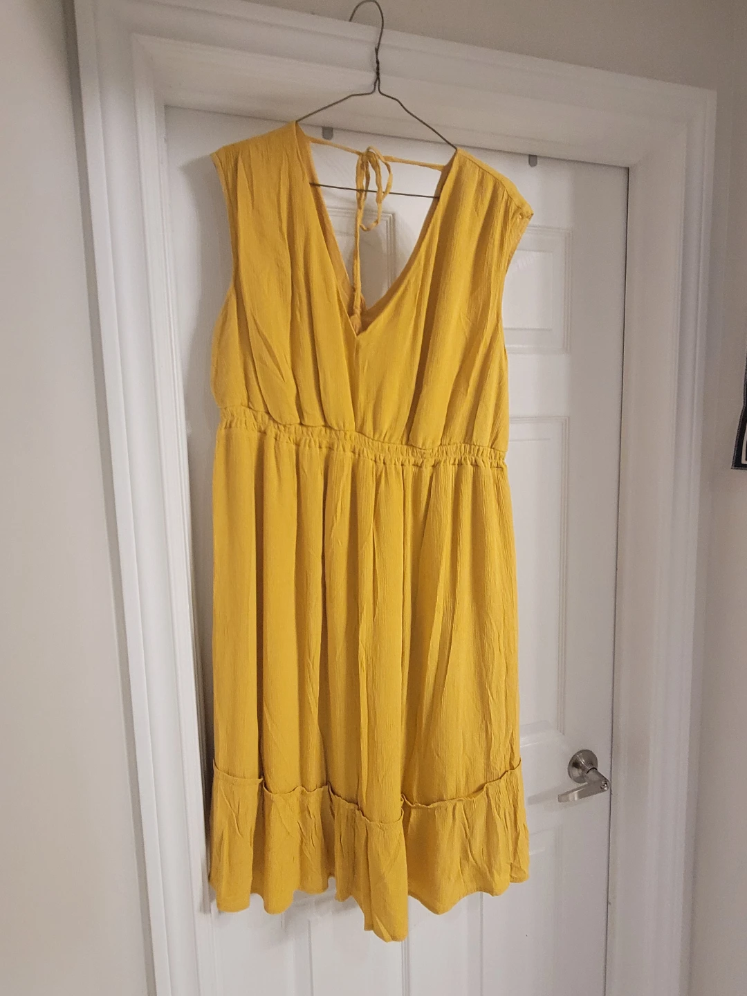 Yellow V-Neck Midi Dress with Tie Back