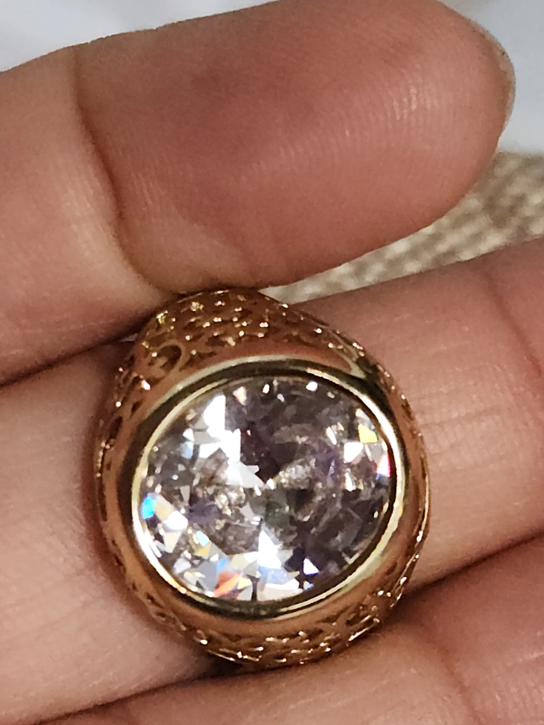 Gold-Tone Filigree Ring with Large Faceted Stone