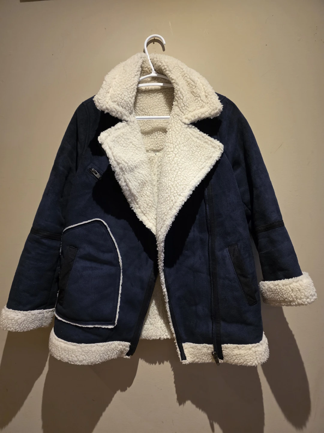 Blue Faux Suede Sherpa Lined Aviator Jacket