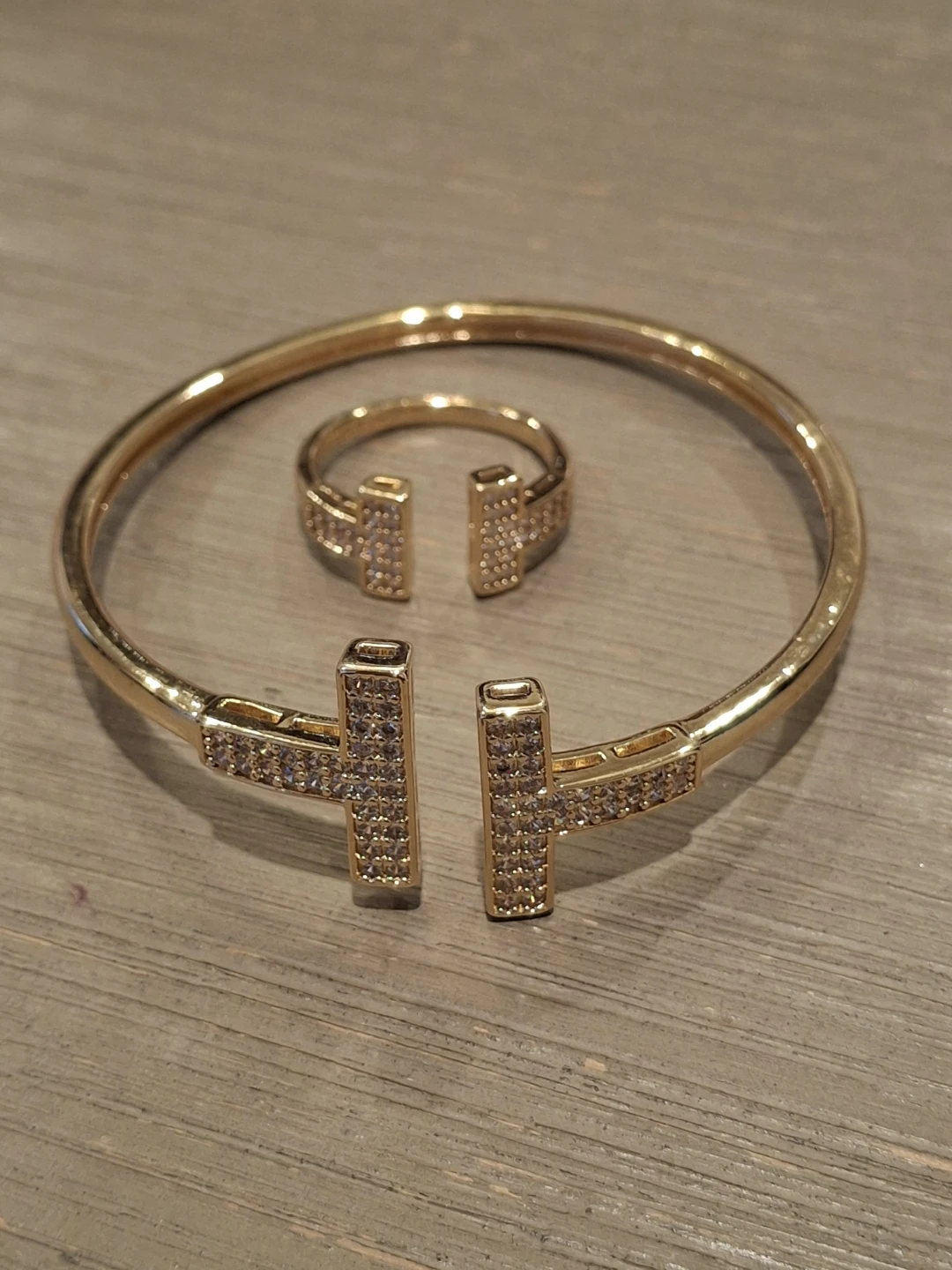 Gold Tone T-Bar Bangle Bracelet and Ring Set