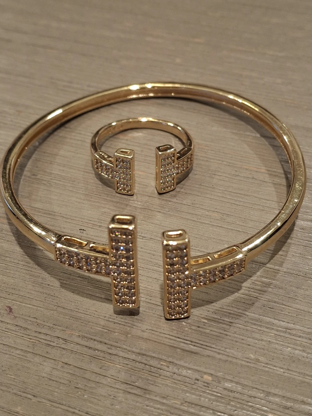 Gold Tone T-Bar Bangle Bracelet and Ring Set - photo 2