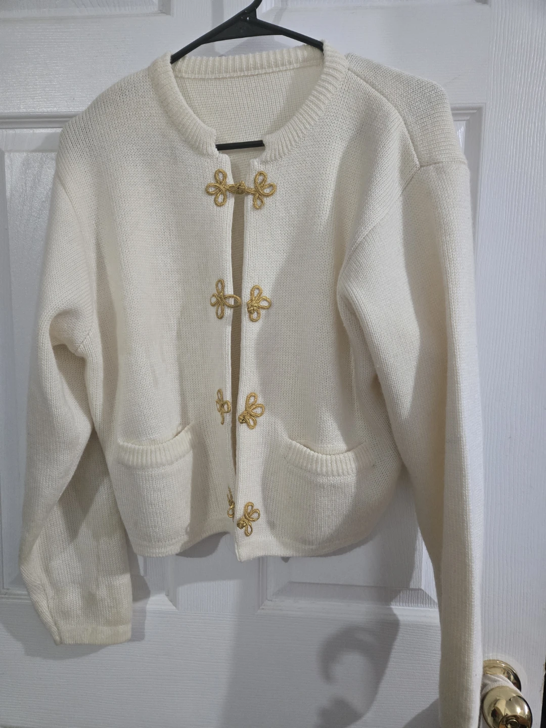 Cream Knit Cardigan with Gold Frog Closures