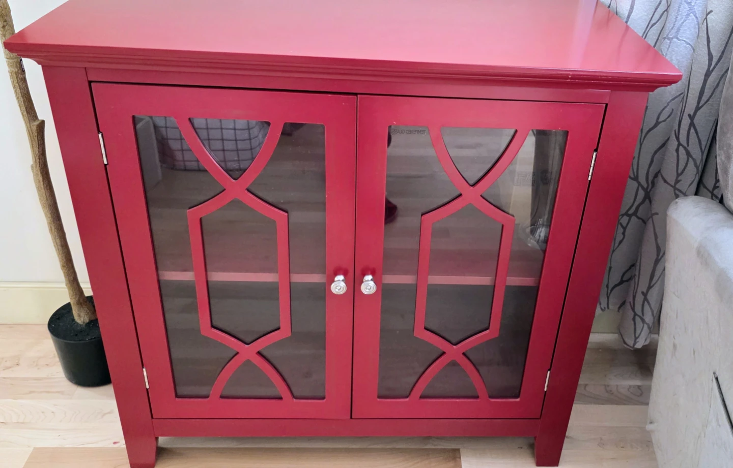 Red Accent Cabinet with Glass Doors