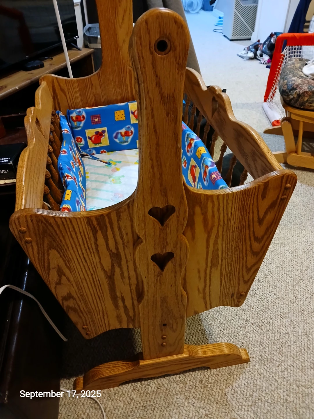 Wooden Cradle Rocker with Blue Animal Print Liner - photo 3