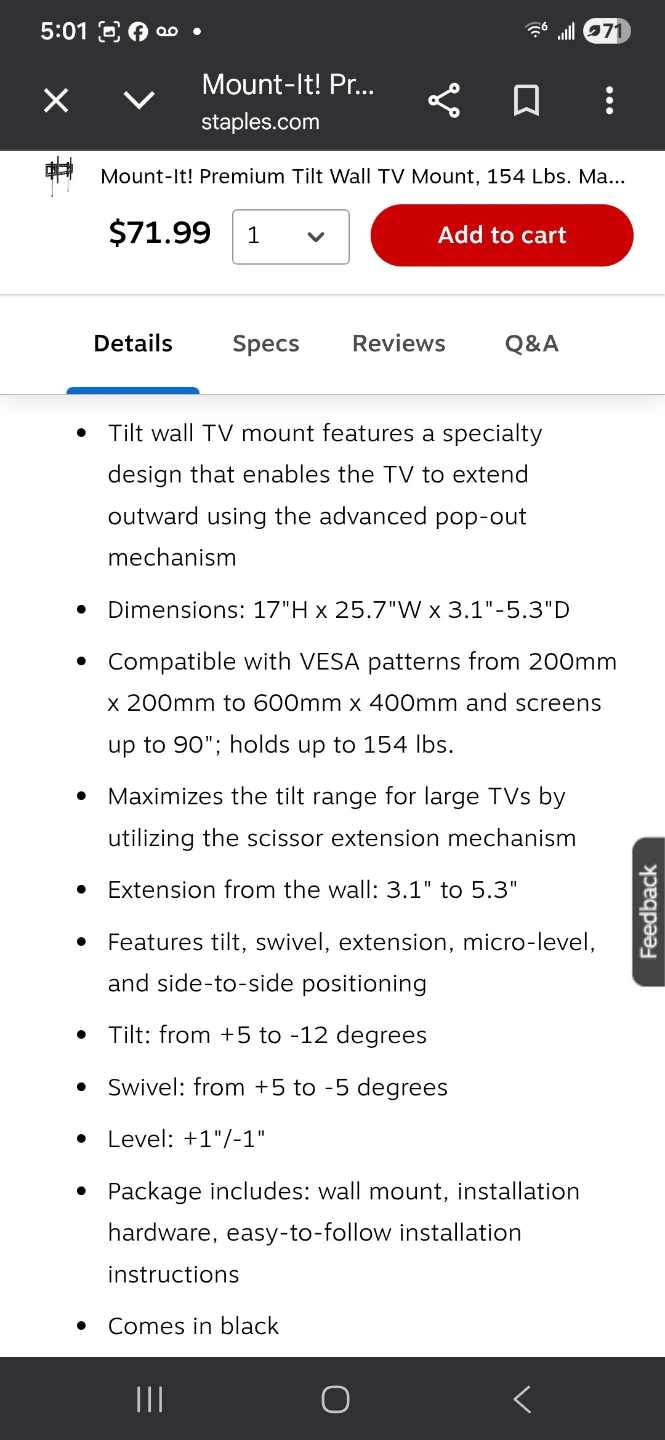 Mount-It! Premium Tilt Wall TV Mount, 154 Lbs Max, Model MI-382