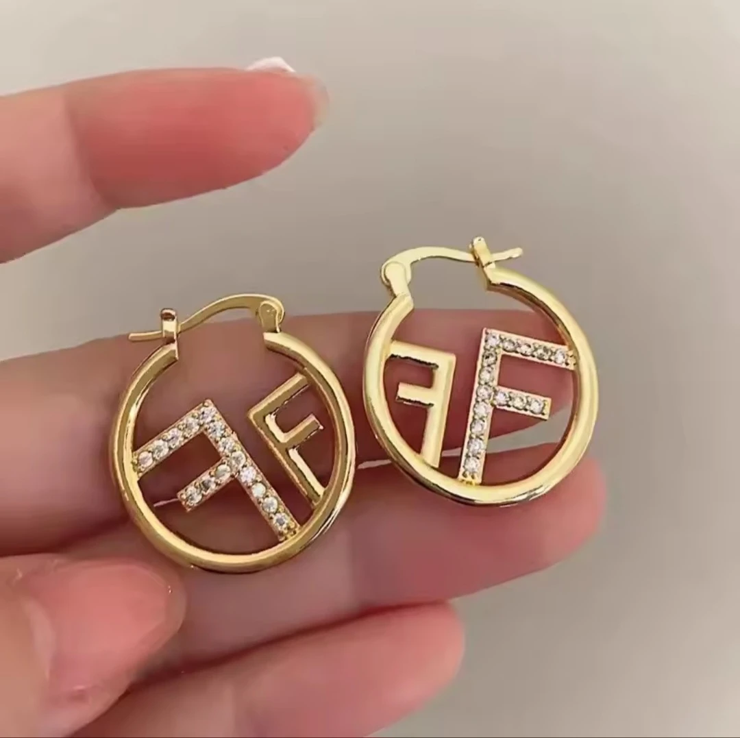 Gold Tone FF Hoop Earrings with Rhinestones
