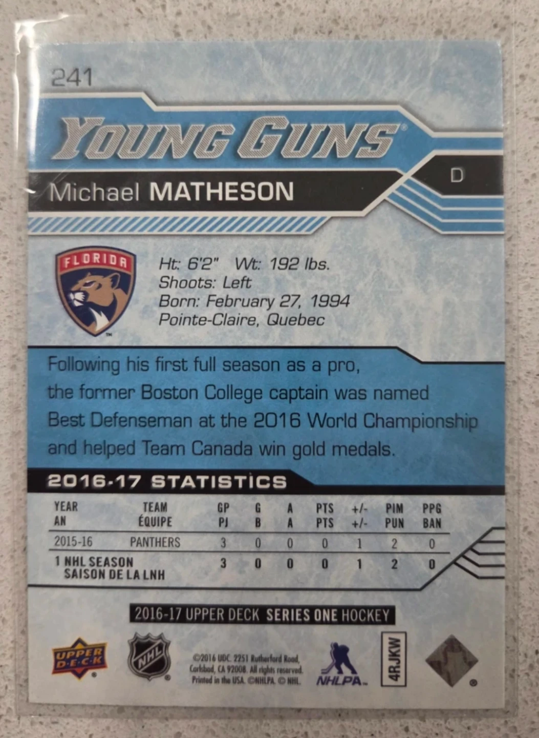 Upper Deck Young Guns Michael Matheson Hockey Card - photo 2