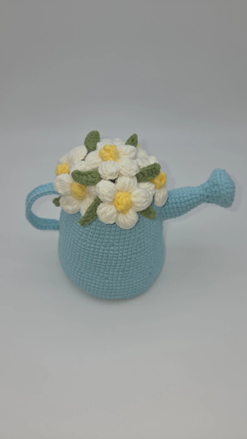 Light Blue Crochet Watering Can with Daisy Flowers