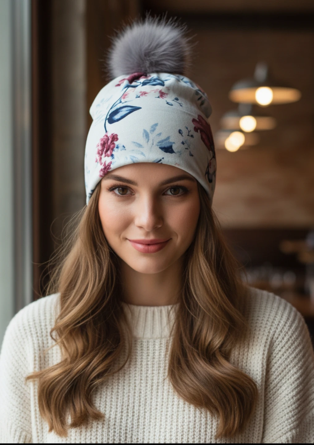 Floral Beanie with Faux Fur Pom