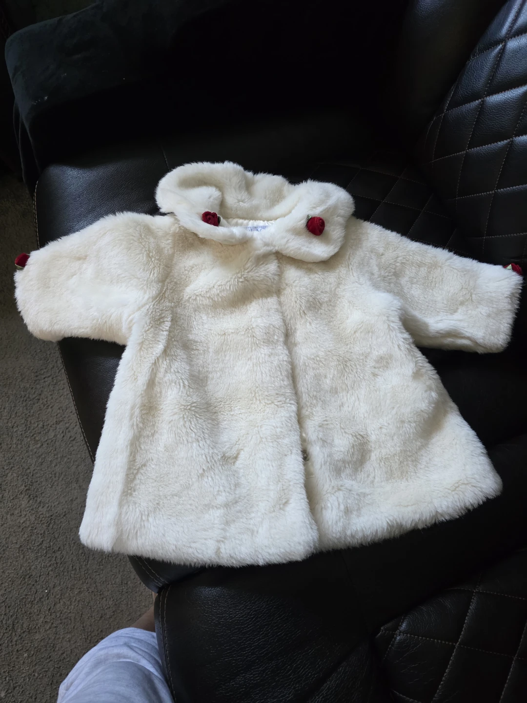Cream Faux Fur Baby Coat with Red Accents