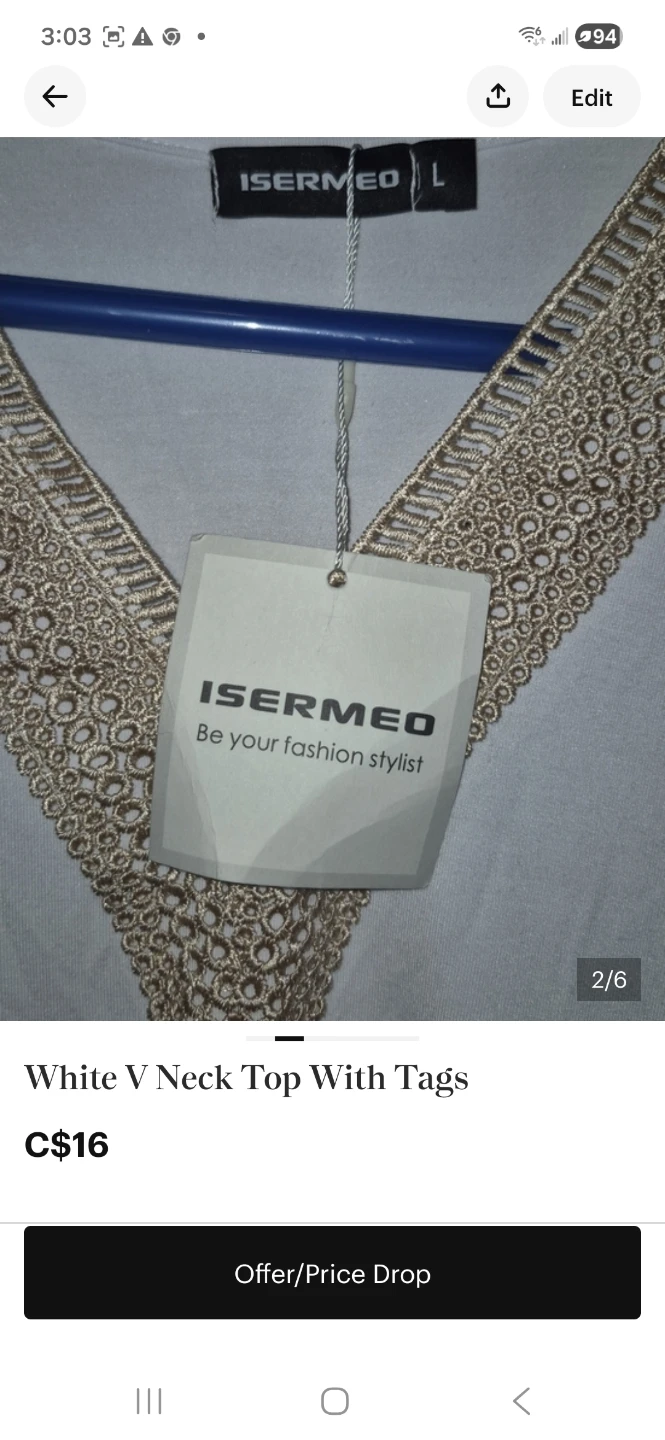 ISERMEO White V Neck Top with Lace Trim - Size L - photo 2