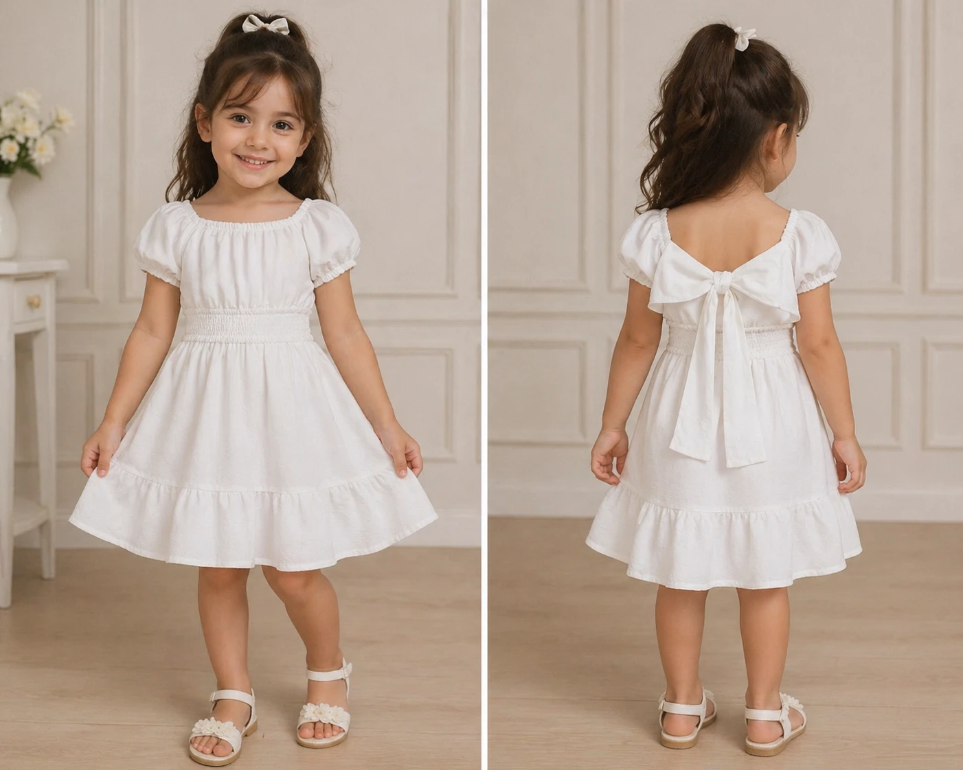 White puff sleeve dress with bow back