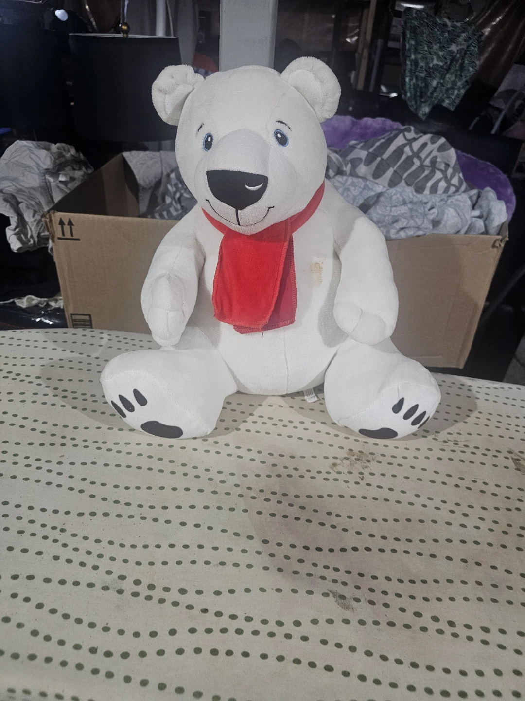 White Polar Bear Plush with Red Scarf