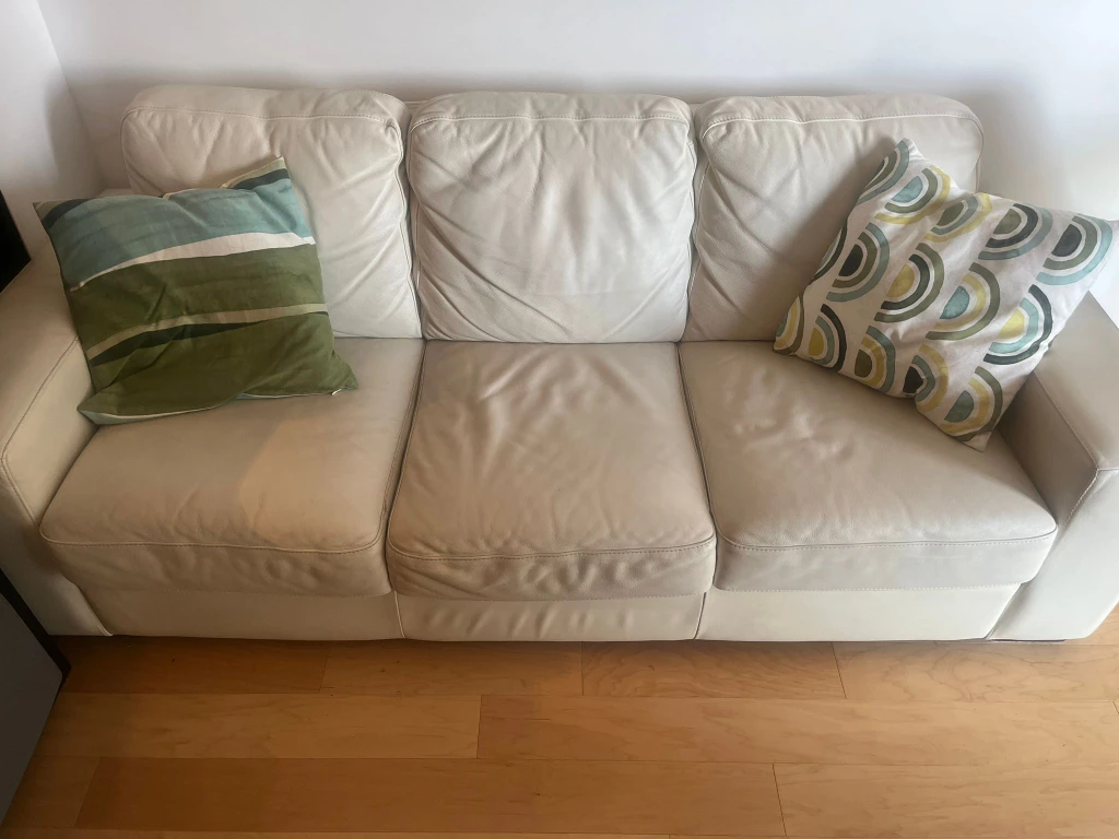 Cream Leather 3-Seater Sofa with Cushions - photo 2