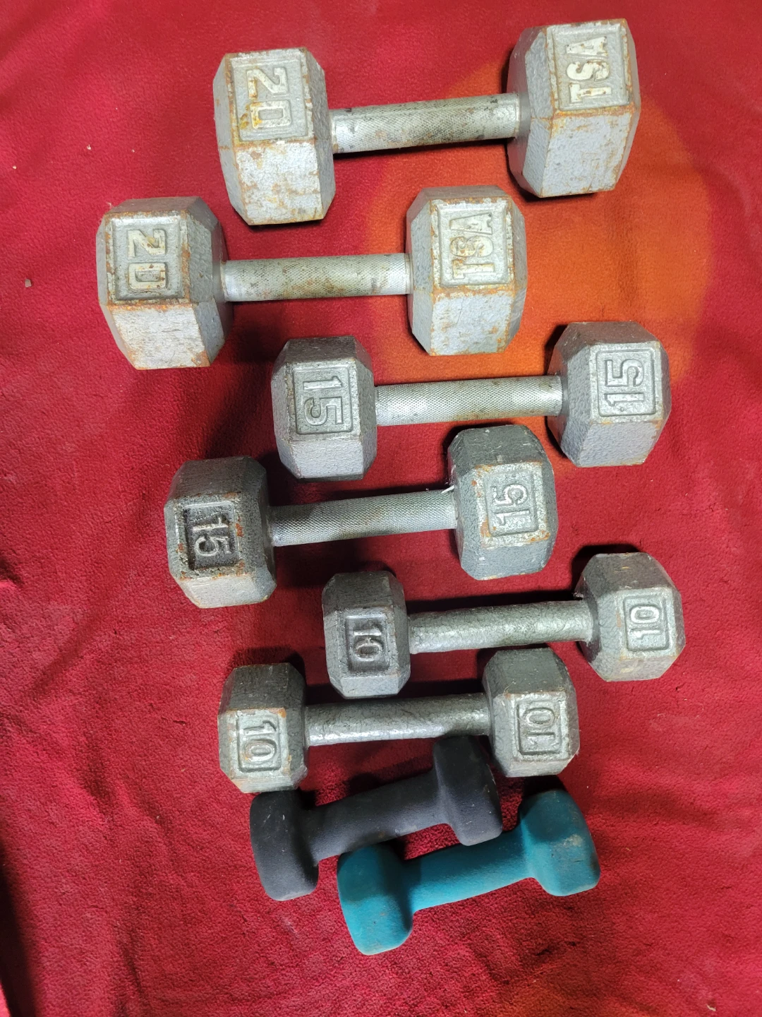 SETS OF 20s. 15s. 10s. 5s. HEXHEAD DUMBBELLS TOTAL 100LBs - photo 2