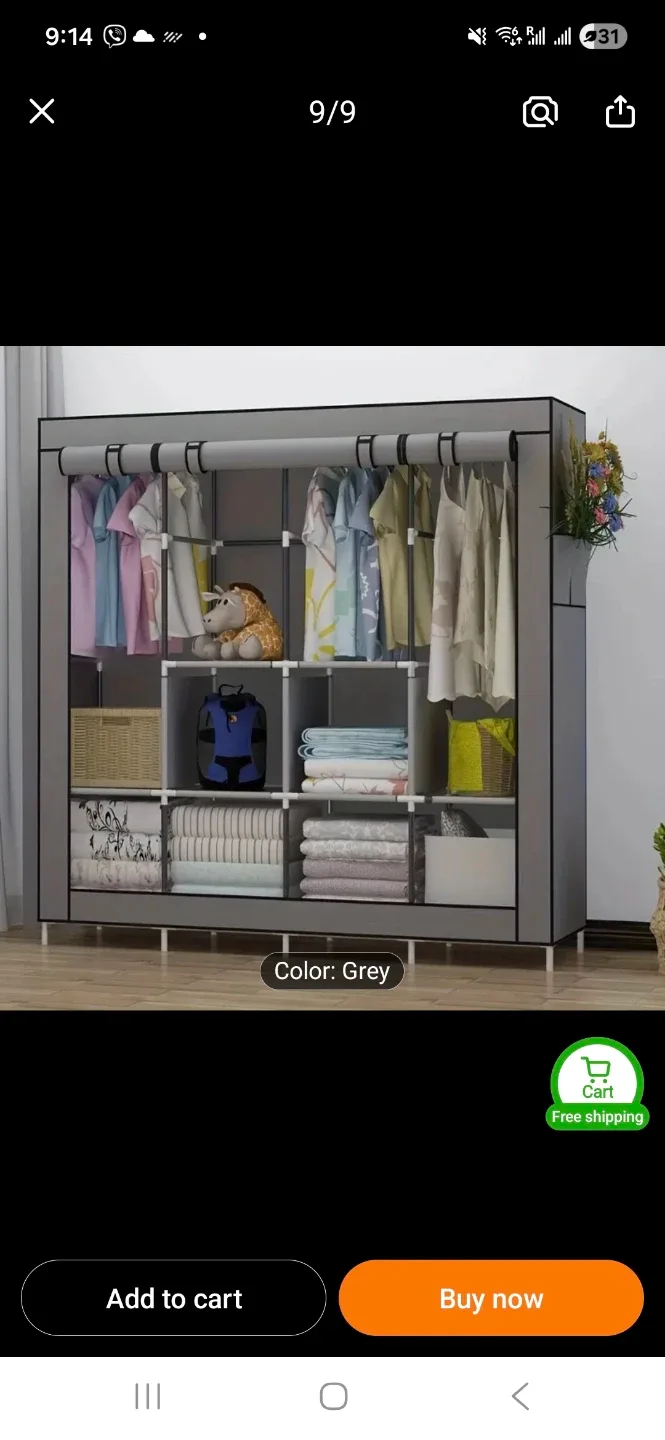 Grey Portable Wardrobe Clothes Storage Organizer