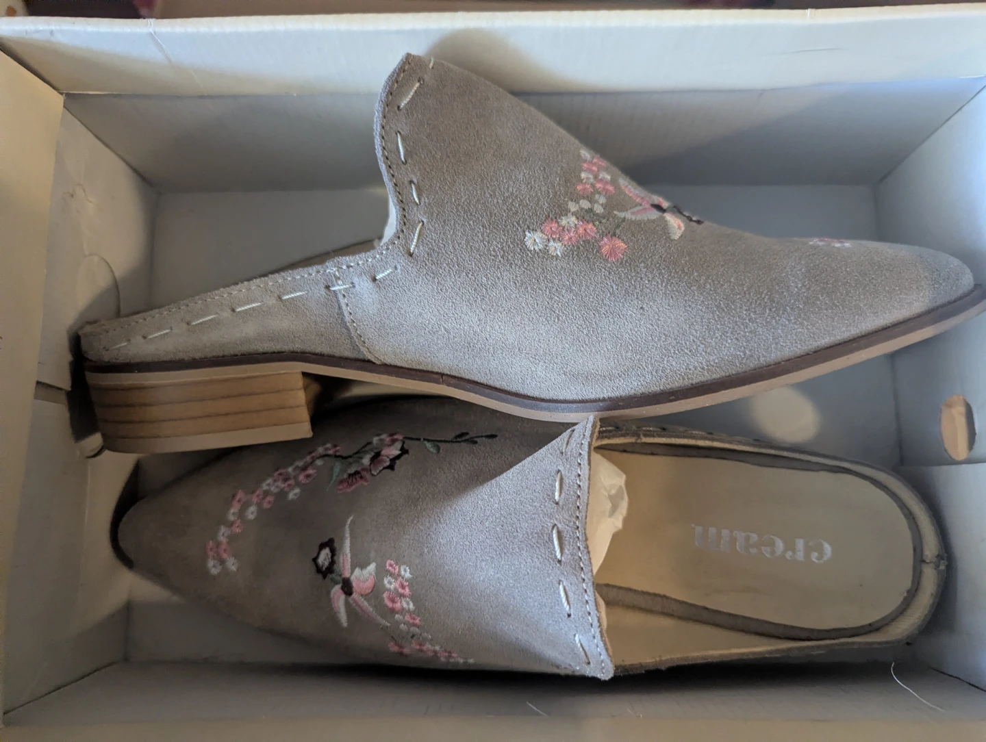 Cream Embroidered Suede Mules Size 10