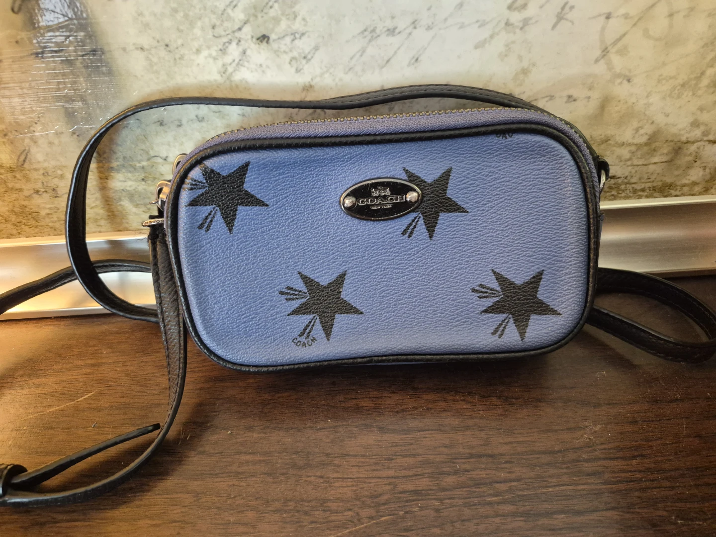 Coach Y2K Periwinkle Blue Star Print Double Zip Crossbody Bag