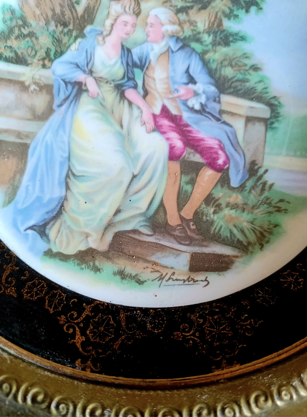 Vtg Signed Artist Colonial Couple Porcelain Plate - photo 3