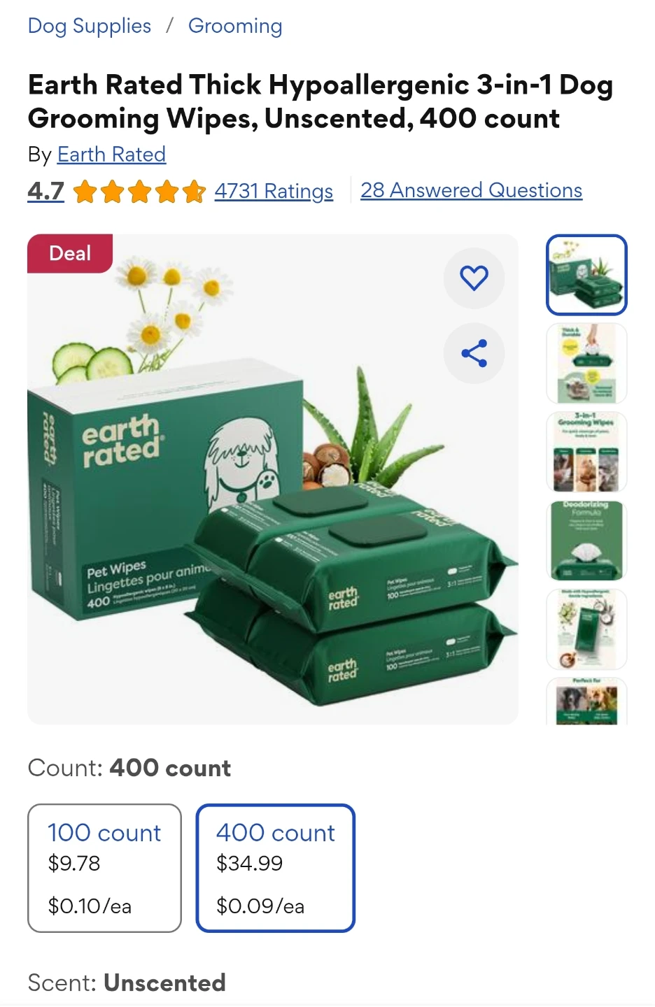 Earth Rated Pet Wipes, Unscented, 400 count - photo 2